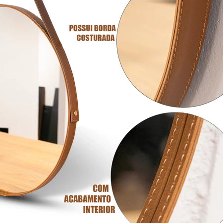 Espelho redondo com alça em couro costurado e suporte para parede – 30cm a 60cm