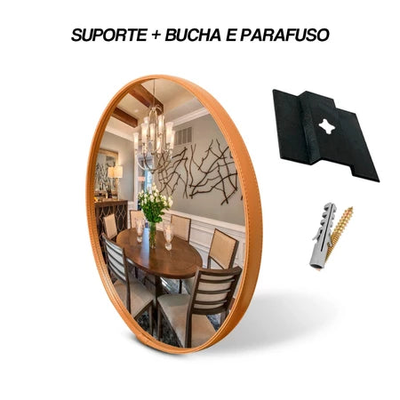 Espelho redondo com moldura em couro costurado e fixação direta – 30cm a 60cm