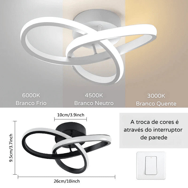 Luminária de teto LED espiral, minimalista e moderna