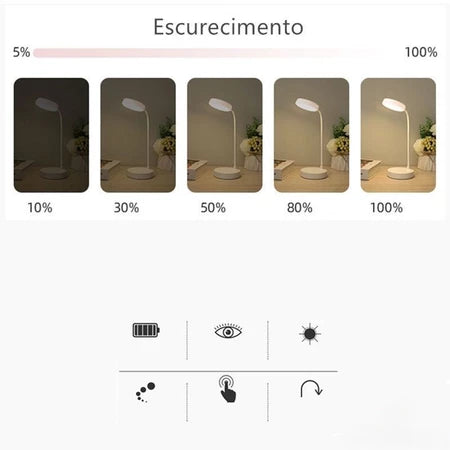 Luminária de mesa LED recarregável com suporte para celular e sensor de toque