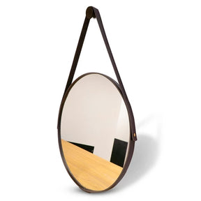 Espelho redondo com alça em couro costurado e suporte para parede – 30cm a 60cm