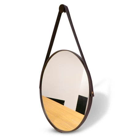 Espelho redondo com alça em couro costurado e suporte para parede – 30cm a 60cm