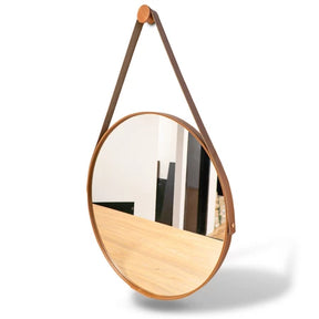 Espelho redondo com alça em couro costurado e suporte para parede – 30cm a 60cm