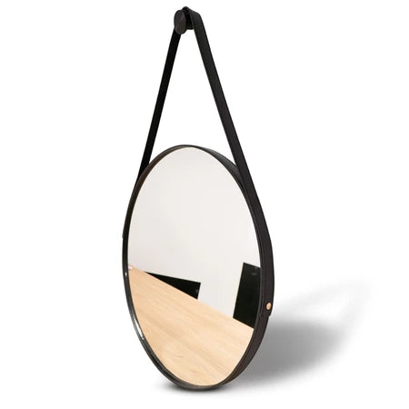 Espelho redondo com alça em couro costurado e suporte para parede – 30cm a 60cm